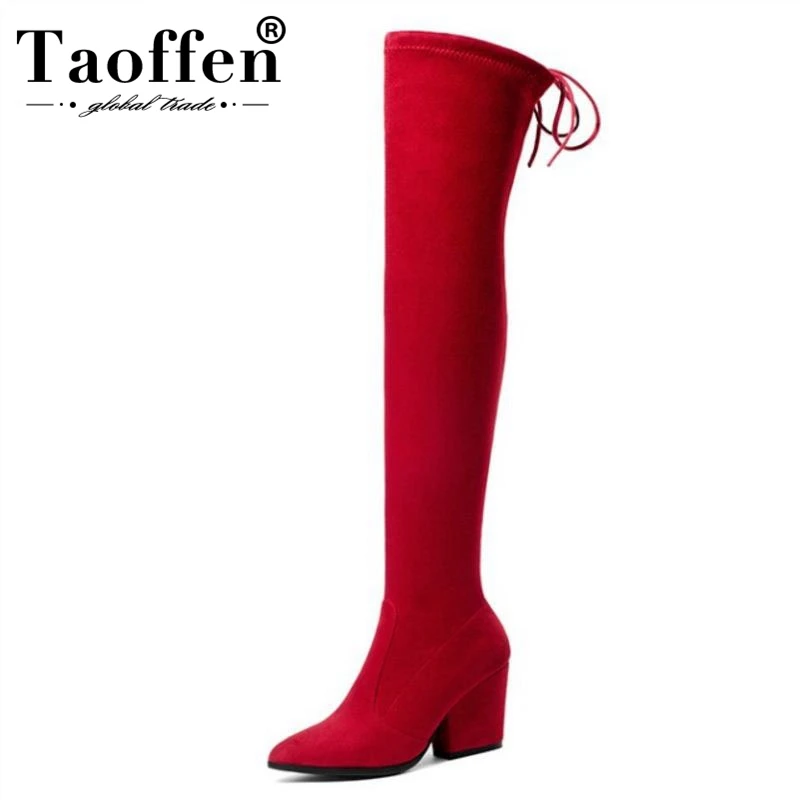 

TAOFFEN Plus Size 34-43 Women High Heels Boots Woman Shoes Lace Up Over Knee Boots Woman Elegant Long Winter Boots Footwear