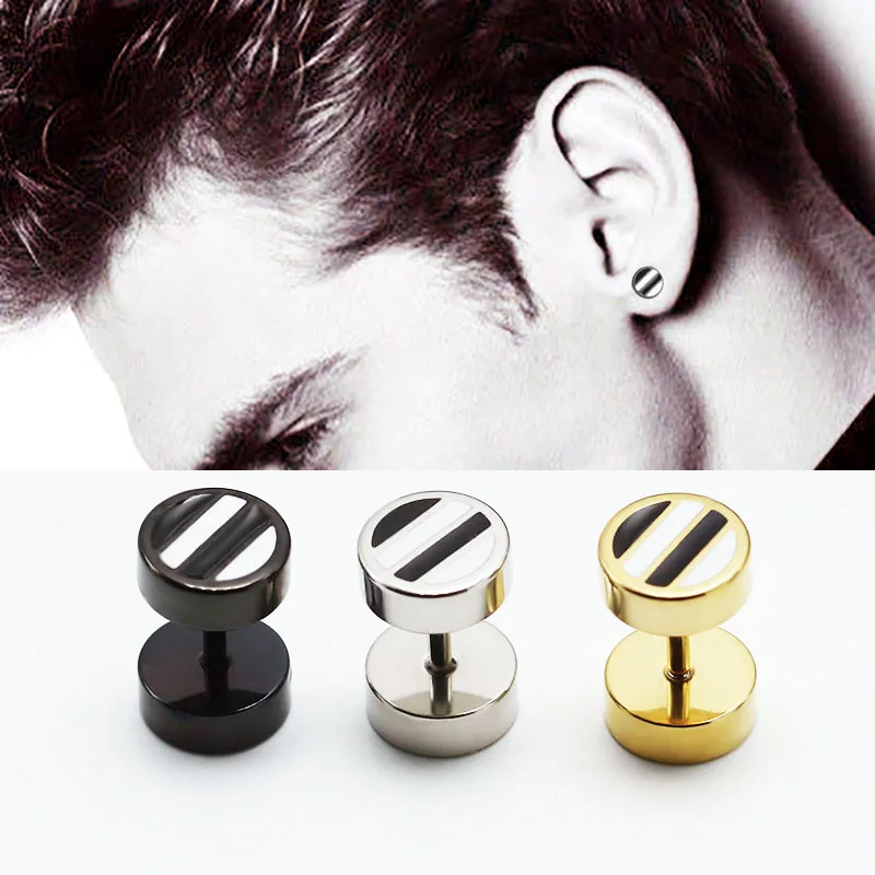 1Pair Fashion Men's Ear Studs Earrings Surgical Titanium Steel Round Strips Oil Drip Barbell Ear Plugs Silver Gold Black Punk 1