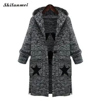 

Big Size Hooded Cardigan 2018 Autumn Winter Pockets Stars Printed Casual Knitted Long Sweater Coat Loose Knitting Women Clothing
