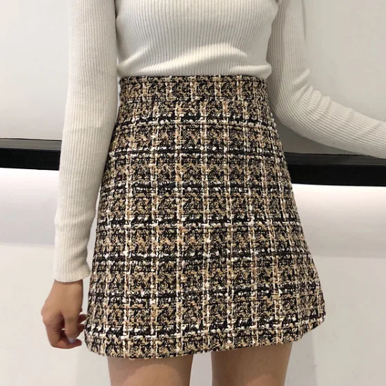 

2019 Women Woolen Mini Skirt Autumn Winter Vintage Straight Plaid Tassel Skater Skirt High Waist Femininas NS8907