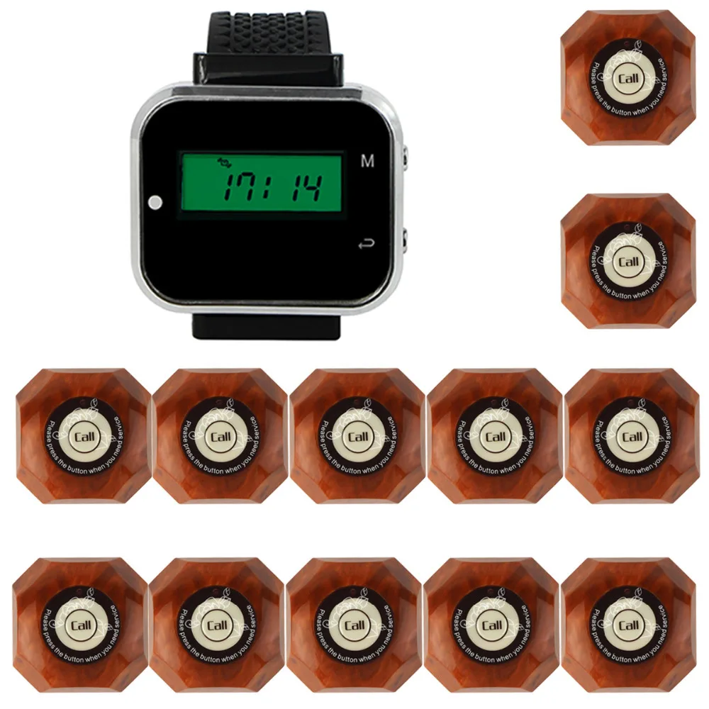 

433MHz Wireless Pager Calling System Restaurant Equipment For Factory Coffee Watch Wrist Receiver + 12pcs Call Button F3300A