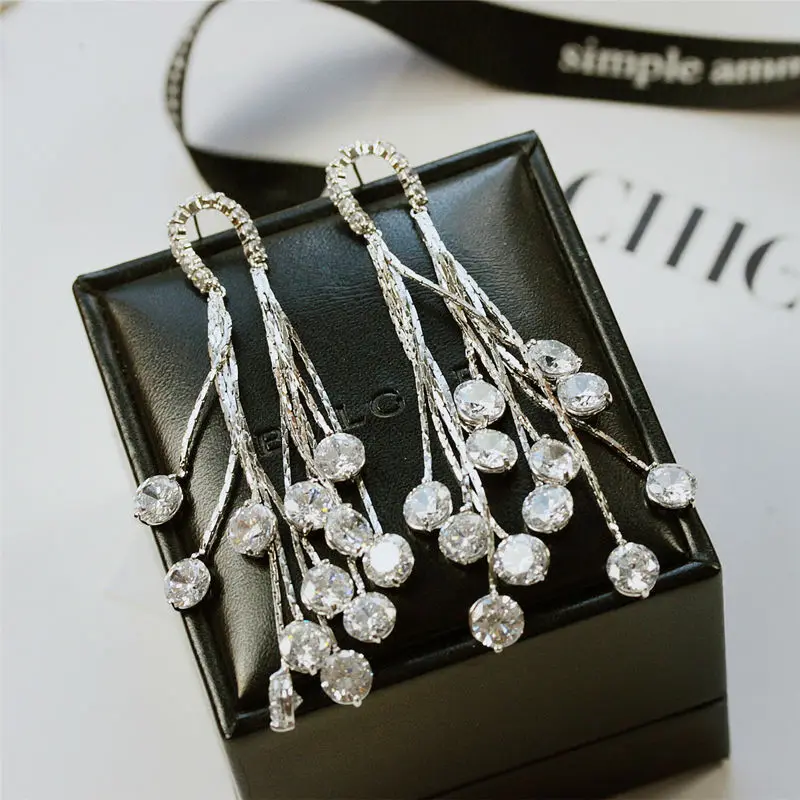 

Luxury Gorgeous Multilayer long WaterDrop Earrings CZ Crystal Big Earrings White Gold Color Women Jewelry Party Accessory