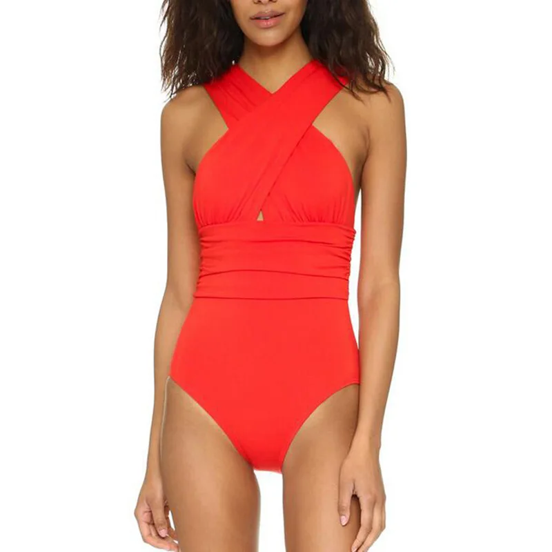

Newly Women Monokini One Pieces Swimsuit Cross Ruched Beach Swimwear Padding Backless Bathing Suit FMS19
