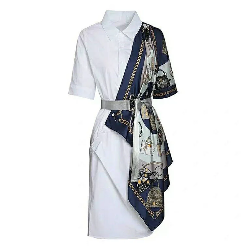 Платье-рубашка с принтом, со вставками и поясом, длина до колена, короткий рукав, отложной воротник, D1030 - Цвет: Белый