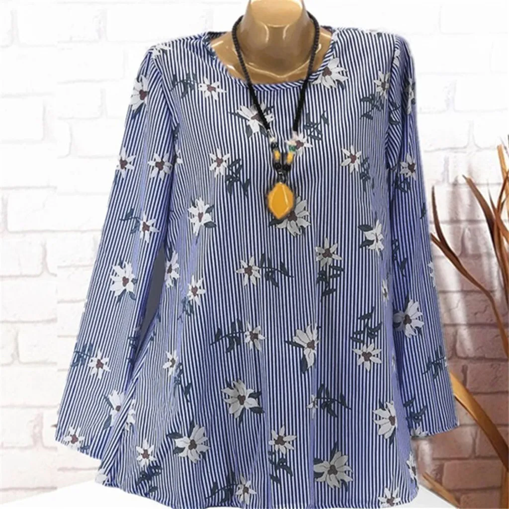 

Womens Printing Loose Long Sleeve Round Neck Casual Shirt Blouse