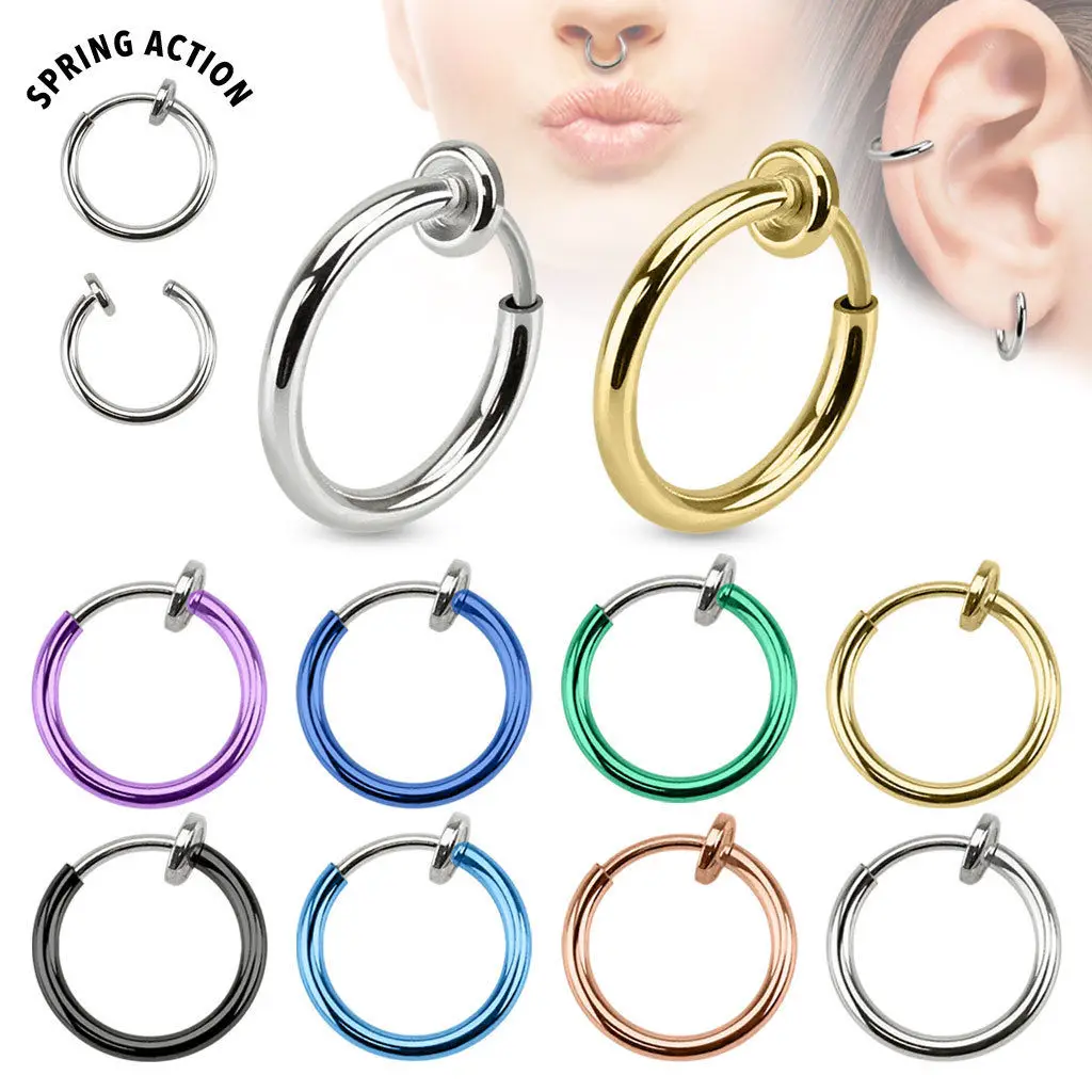 

2pcs Fashion Non-Piercing Fake Spring Septum Nose Lips Ear Ring Hoop Clip On Jewelry Punk Women Girl Body Jewellery
