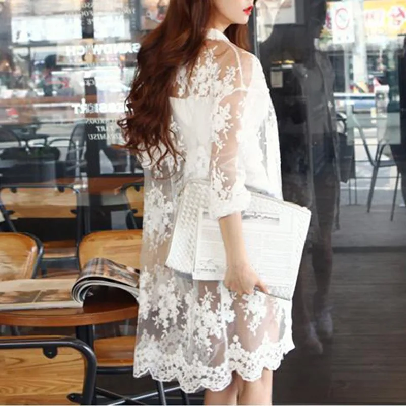 

Women's Casual Long Sunscreen Shirt Cardigan Loose Beach Coat Lace Mesh Outwear Tops Femme