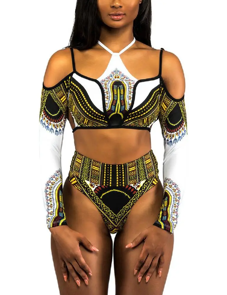 

Mounchain Sexy Bikini WomenTwo Piece Bright Color Long Sleeve Swimsuit Retro Printing Bikini Beach Swimwear Set