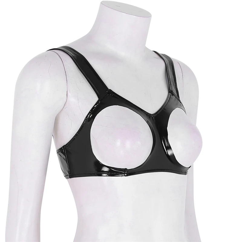 Women Hot Erotic Lingerie Bra Latex Rubber Fetish Bra with Cut-out Breasts Erotic Underwear Open Cups Bra Vest Tank Crop Tops