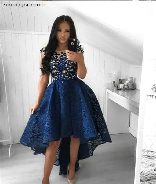 2019 Navy Blue Lace Cocktail Dresses A Line Crew Neck High Low Short Party Prom Gowns Homecoming Dresses Arabic Vestidos BC0183  145 (3)