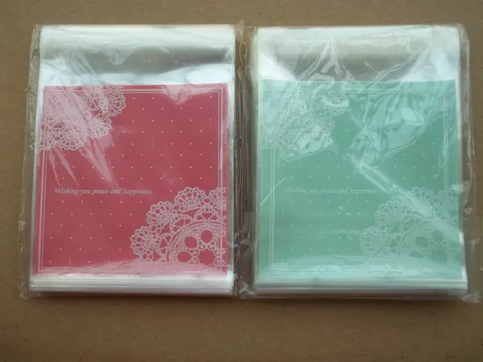 

600pcs/Lot 10*10cm+3cm Self Adhesive Poly Bag Sweet Lace Cookie For Biscuit Snack Cupcake Retail Baking Package bags Blue Pink