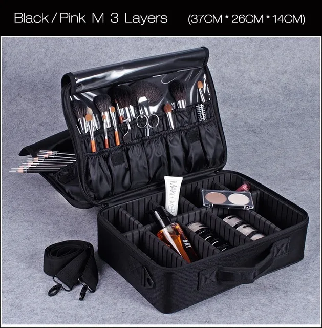 DLYLDQH, Женский высококачественный профессиональный органайзер для макияжа, большая емкость, водонепроницаемый, портативный, косметический, для красоты, маникюра, сумка для хранения - Цвет: Black XL