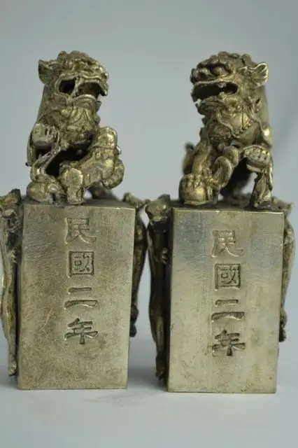 

Collectibles Chinese Old Decorated White Copper Handwork Kylin Pair Seal Statue