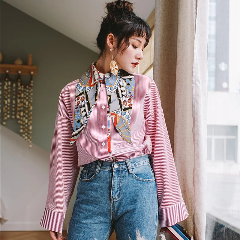 

Fashion New Original Vintage Hit Color Scarf Collar Striped Shirt Loose Thin Curved Side Slit Shirt Temperament Wild Blouse C343