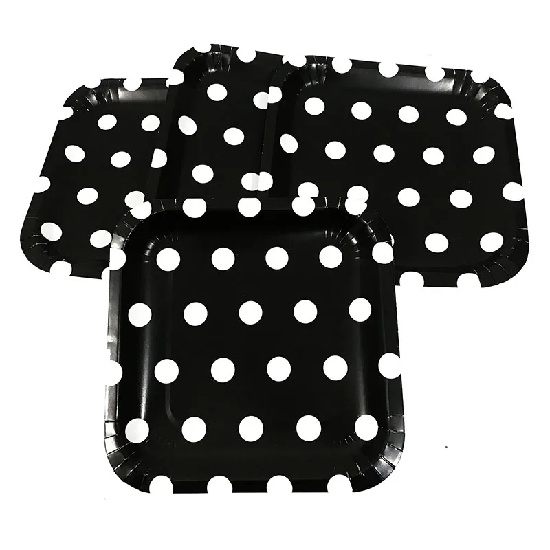 

10pcs/lot Black Dots theme disposable paper plates Black Polka Dots paper dishes Black Dots disposable square dishes
