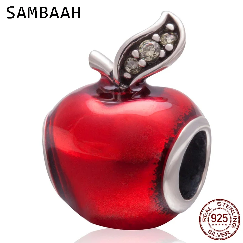 

Sambaah Snow White Red Apple Charm with CZ 925 Sterling Silver Red Enamel Apple Beads fit Pandora DIY Christmas Bracelet SS3262