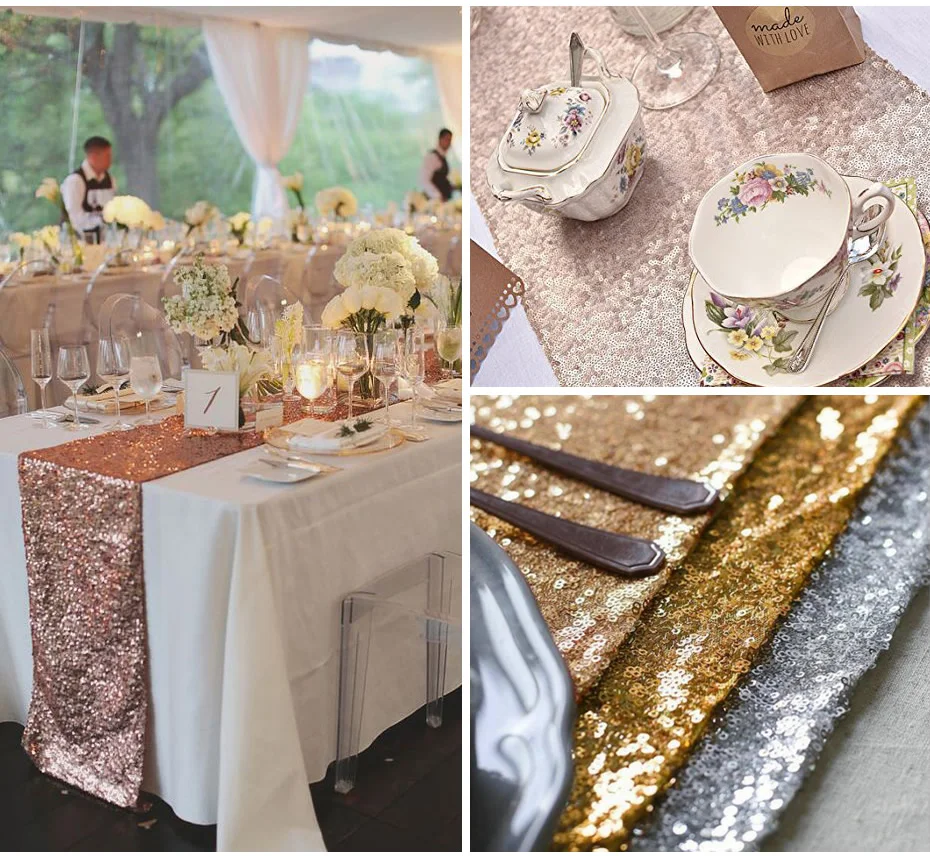 Gold Silver Rose Sequin Table Runners Glitter Sparkle Glam Tableclothes for Wedding Party Banquet Christmas Home Decor