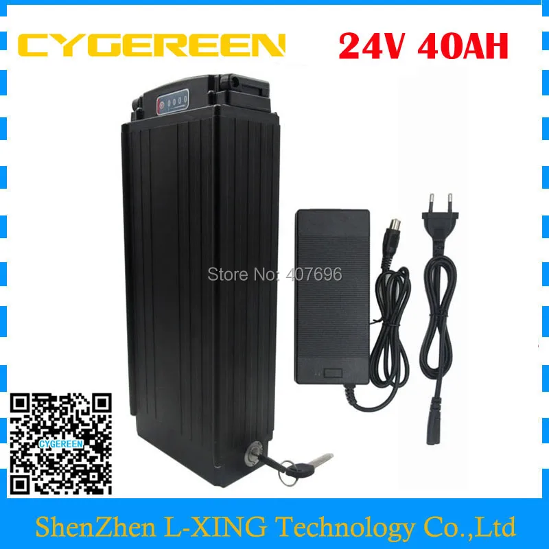 

1000W 24V E-bike battery 24V 40AH lithium rear rack battery with tail light use 2500MAH 18650 cell 50A BMS with 3A Charger