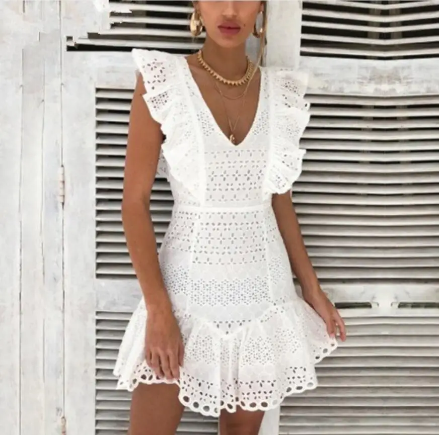 

Vintage white lace cotton embroidery women dress Ruffled Spring summer mini dress Sexy party short dresses vestidos