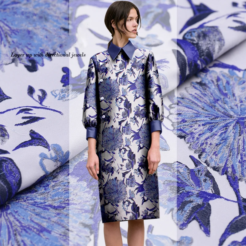 

French import jacquard fashion brocade fabric advanced blue jacquard, autumn and winter clothing, cheongsam coat fabric