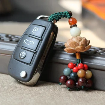 

WEIYU Lucky Jewelry Peach Wood Carving Lotus Pendant Keychain For Car Bag keyring Colorful Beads Tassel Keychain Ethnic Jewelry