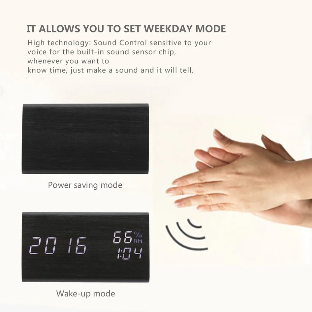 Цифровой будильник 3 настройки будильника с деревянным электронным светодиодный дисплей времени двойной температуры и влажности обнаружения