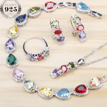 Разноцветный кубический цирконий Женские Ювелирные наборы Свадебный Серебряный 925 ювелирные изделия серьги камни кольца браслеты кулон ожерелье набор