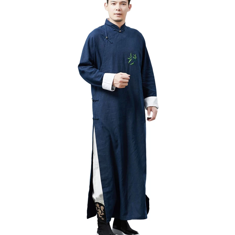 Fall Duster Jacket Apring with Contrast Mandarin Collar and Embroidery A73---Linen Chinese Trench Dress oat Made to Order.