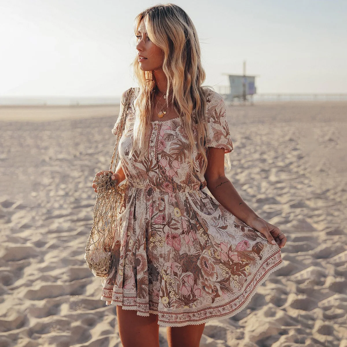 

Cream Jungle Mini Dress Women Hem V neck Short Sleeve Retro Dresses Summer 2019 Boho Floral Print Beach Short Dress Sundress