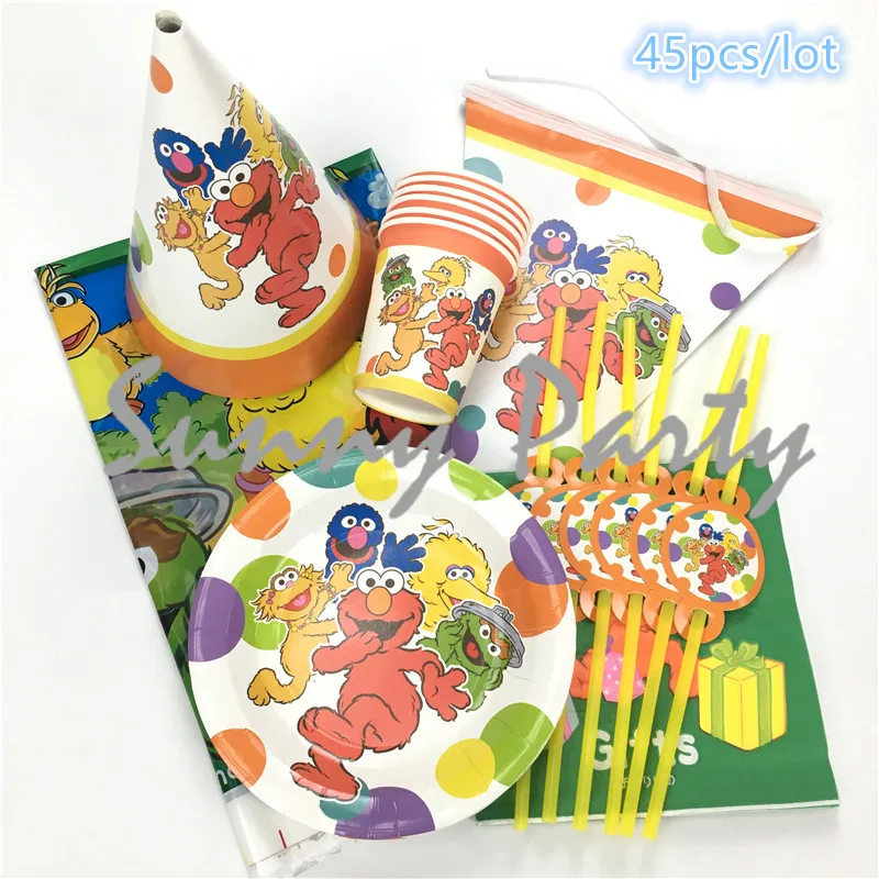 

45pcs/lot Cartoon Sesame Street Theme Party Disposable Tableware Set Paper Cup Plates Set Party Decoration Supplies