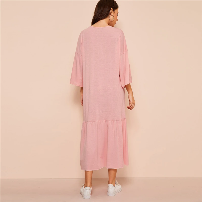 SweatyRocks платье-футболка с надписью и спущенным плечом и воланом женские розовые макси платья Весна 3/4 рукав Повседневное платье