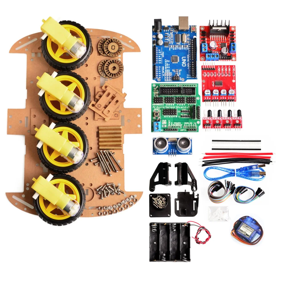 Moteur de suivi d'évitement Robot intelligent Kit de châssis de voiture encodeur de vitesse boîte de batterie 4WD Module à ultrasons pour kit Arduino