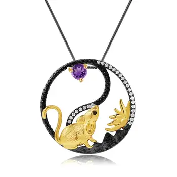 

GEM'S BALLET Plated Gold Rat Chinese Zodiac Pendant Necklace Natural Amethyst Gemstone Jewelry For Women 925 Sterling Silver