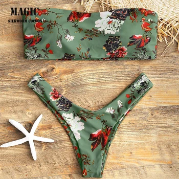

High Waist Thong Swimsuit 2018 Sexy Bikini Set Women Brazilian Pad Swimwear Push Up Bandeau Print Green Yellow Bathing Suits