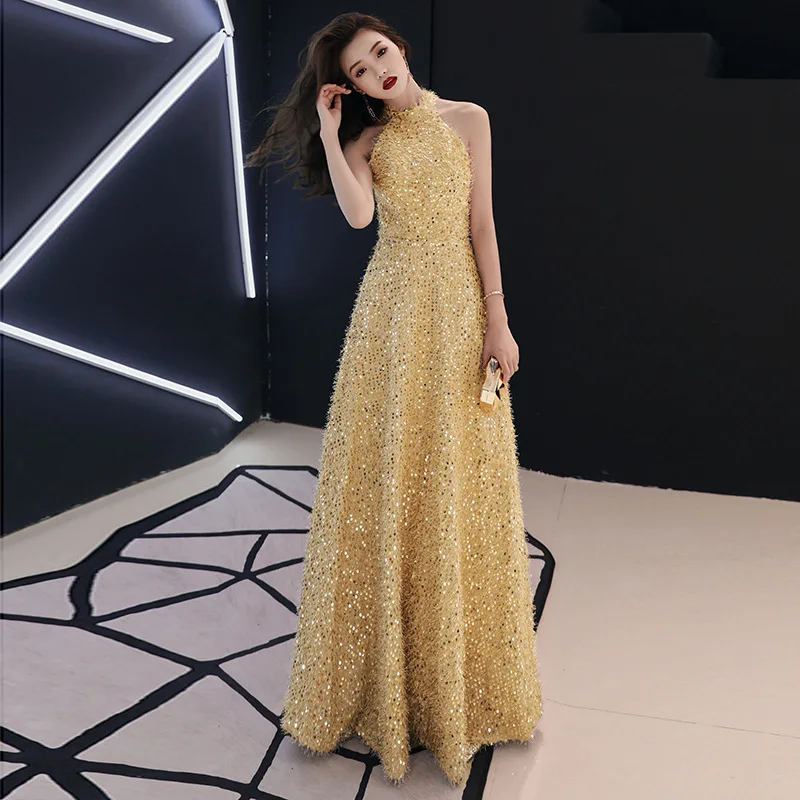 

Female Evening Dresses 2019 Spring New Noble Elegant Golden Off the Shoulder Sleeveless Appliques Sequins a Line Prom Dresses