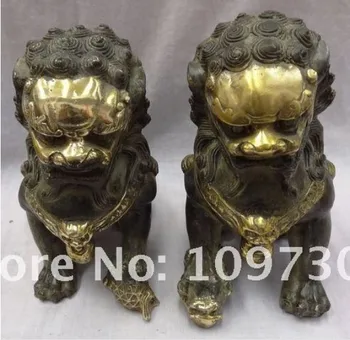 

YM 311 China Bronze Gilt Sculpture JiXiang Foo Fu Dog Lion Ball Statue Pair