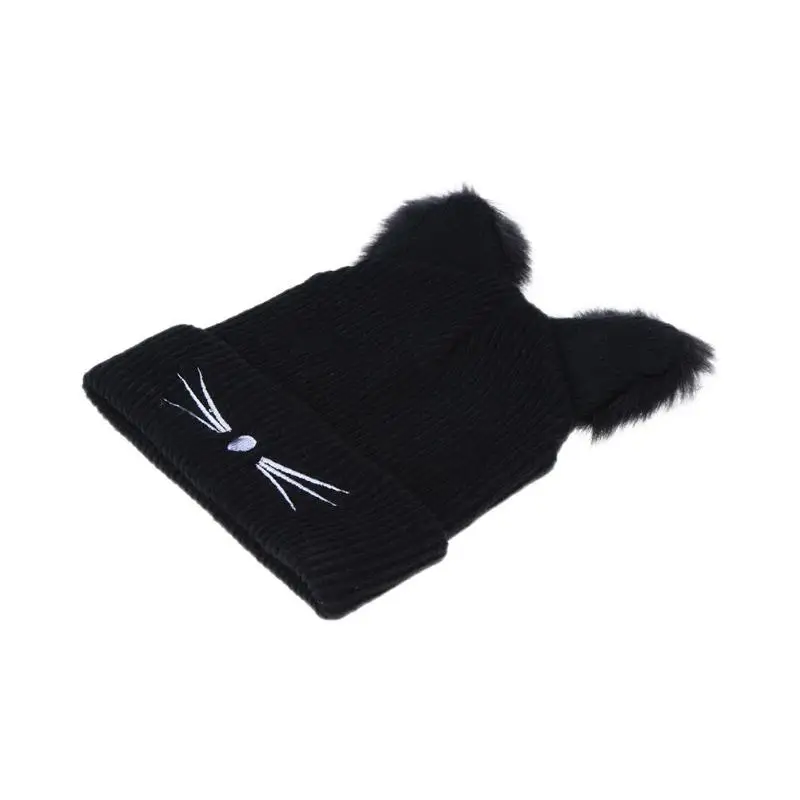 Женская Зимняя шерстяная вязаная шапка с милыми кошачьими ушками, плетеная трикотажная меховая шапка, теплая, мягкий материал, удобная в носке акриловое волокно