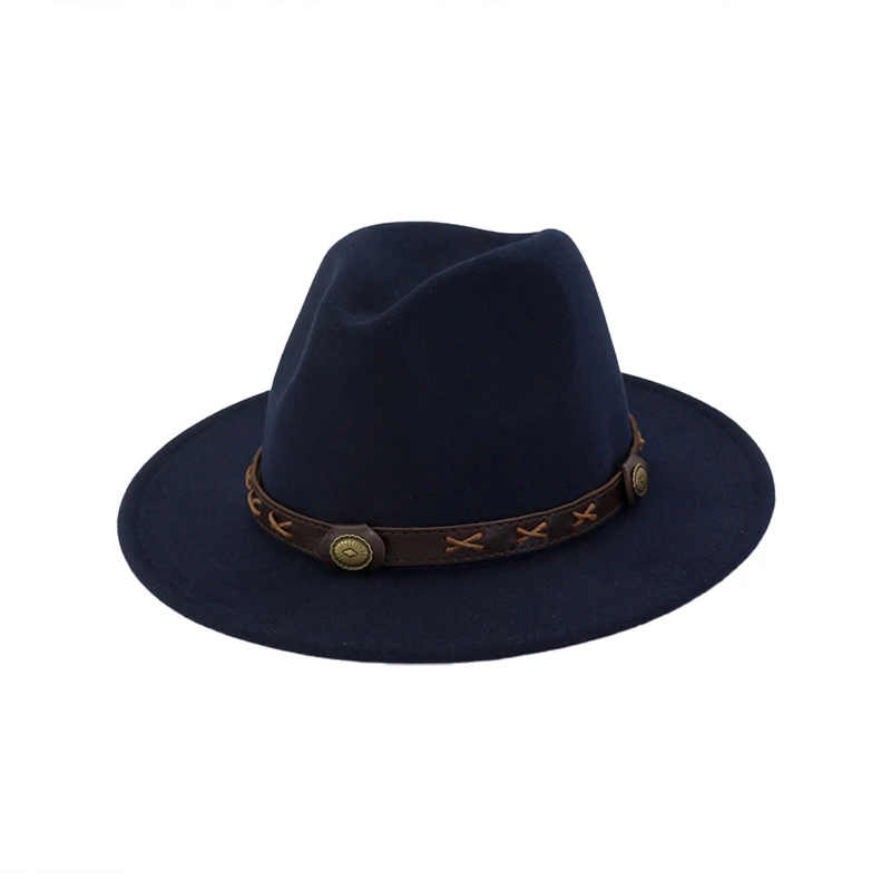 navy blue Шерстяная фетровая шляпа Панама Trilby Jazz Fedoras Шляпы с коричневым поясом с плоскими полями для торжественных вечеринок топ шляпа для женщин мужчин унисекс GH-450 - Цвет: navy blue