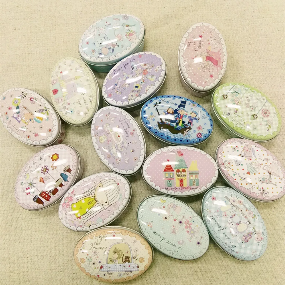 

30pcs/lot Storage Box Lovely Girl Printing Oval Shape Candy Box Handmade Soap Case Iron Tin Jewelry box Mini Pill Case Mixdesign