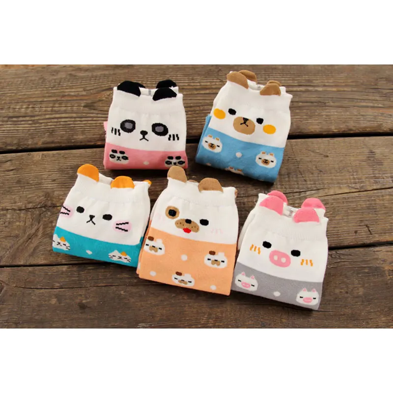 

5 color Women Cotton Bear Panda Cat Dog Pig Cartoon Lace Fashion knit ankle Cute & low beauty kawaii Socks 6pair 1 lot