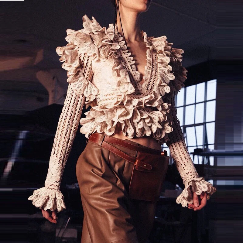 2019 ZIM Designer Runway Blouse Women Sexy V Neck Out Blouse Vintage Full Sleeve Shirt Holiday & Shirts| - AliExpress