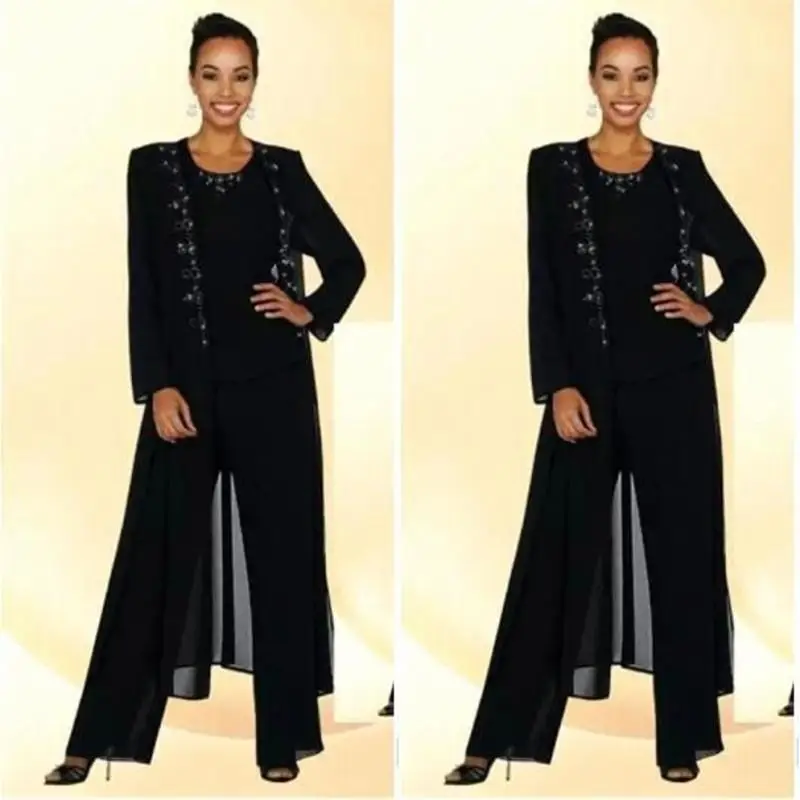 2018 Modest Navy Blue Three Pieces Mother Of the Bride Plus Size Pant Suit Beaded Applique Mothers Suit With Lace Jacket BA8898