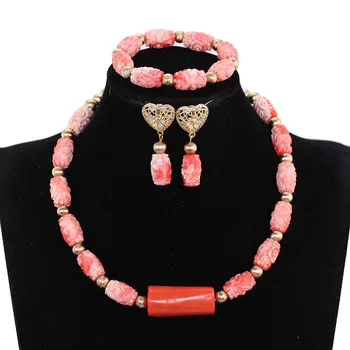 

New Pink coral flower and red coral with Metal elements necklace coral beads jewelry set coral beads jewelry set JB143