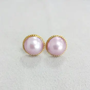 

10-11MM Rose Color Genuine Mabe Pearl Ear Stud Earrings 14k Solid Yellow Gold
