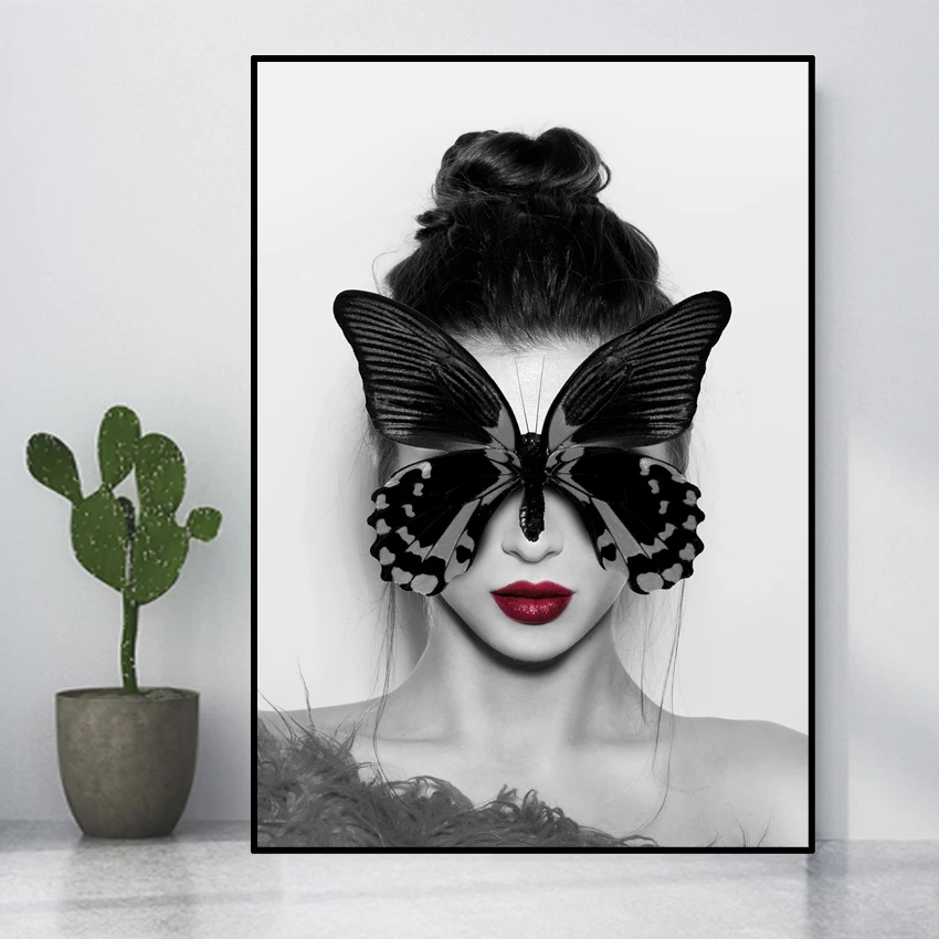 

Butterfly and Girl beauty painting poster, Nordic style Self-adhesive wall picture painting , home decoration for bedroom TZ024