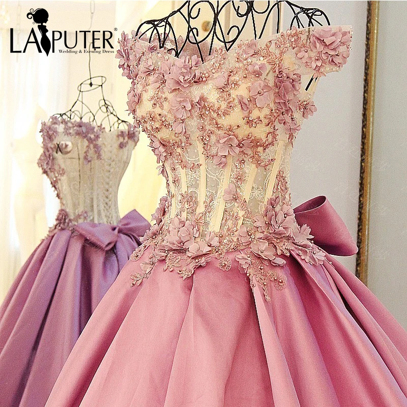 

Charming Short Sleeves Ball Gown Pearls Beaded Handmade Flowers Appliques Pink Sexy Long Satin Dress Dubai Evening Dresses 2017