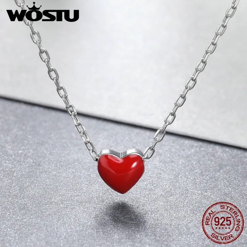 WOSTU Настоящее серебро 925 пробы милое Красное сердце ожерелье с подвеской из эмали для женщин S925 Серебряная цепочка хорошее ювелирное изделие FMN050