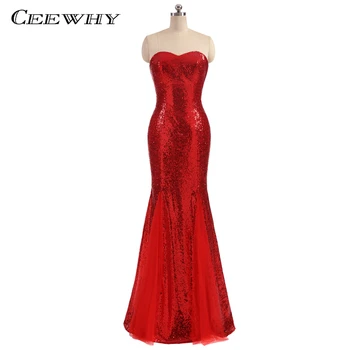 

CEEWHY Luxury Long Mermaid Evening Dresses Sweetheart Red Sequined Formal Gown Prom Party Long Dress Elegant Robe Soiree