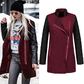 

Chic Stitching PU Jacket oblique zipper Stand Collar Faux Leather Coat Plaid Windbreaker Long Cardigan 2018