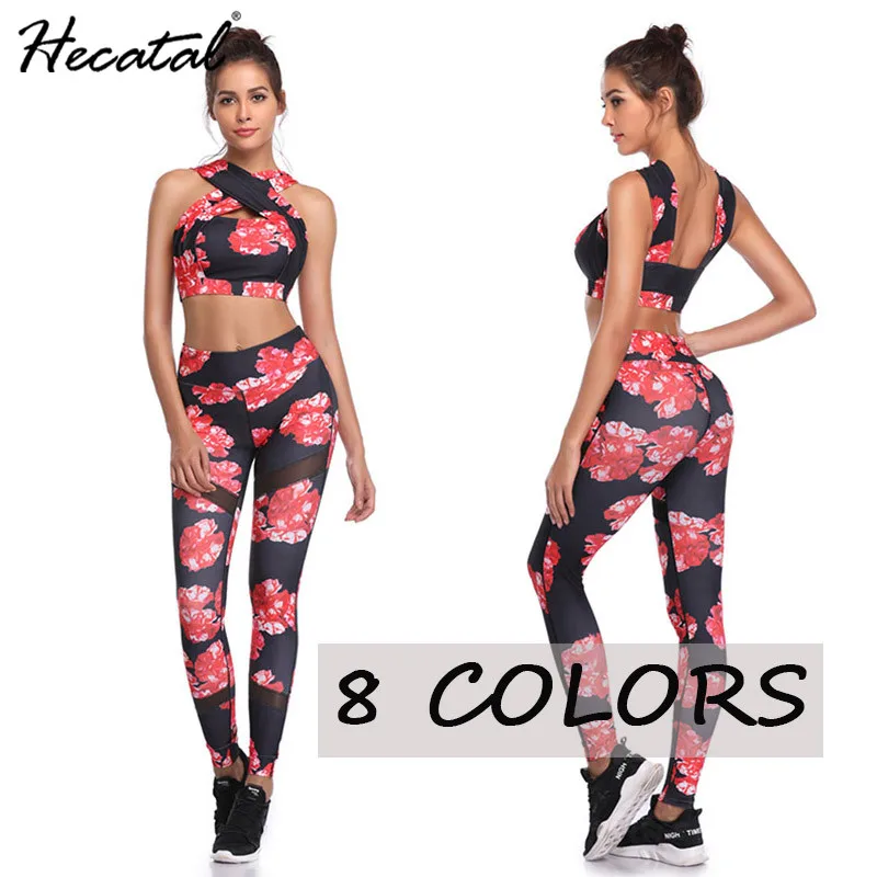 

Hecatal Fitness Yoga Set Women Halter Sleeveless Bra Mesh Leggings Yoga Suits Running Workout Gym Wear Slim Training Tracksuit